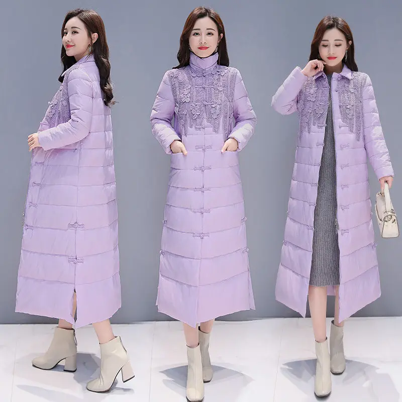 Chinese Style Retro Women Winter Jacket Stand Collar Purple Coat Single-Breasted Long Parkas Warm Overcoat C5968 | Женская одежда