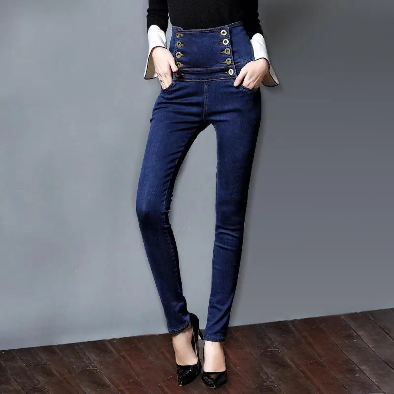 Осень 2020 новые европейские и красивые Стрейчевые джинсы с высокой талией простой