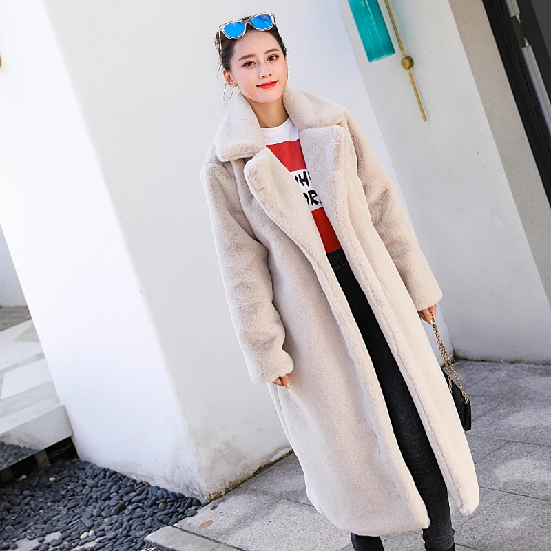 Winter Women Faux Rabbit Fur Coat Elegant Fluffy Plush Lapel Overcoat Thick Warm Female Furry Outerwear Pink Long Fur Jacket