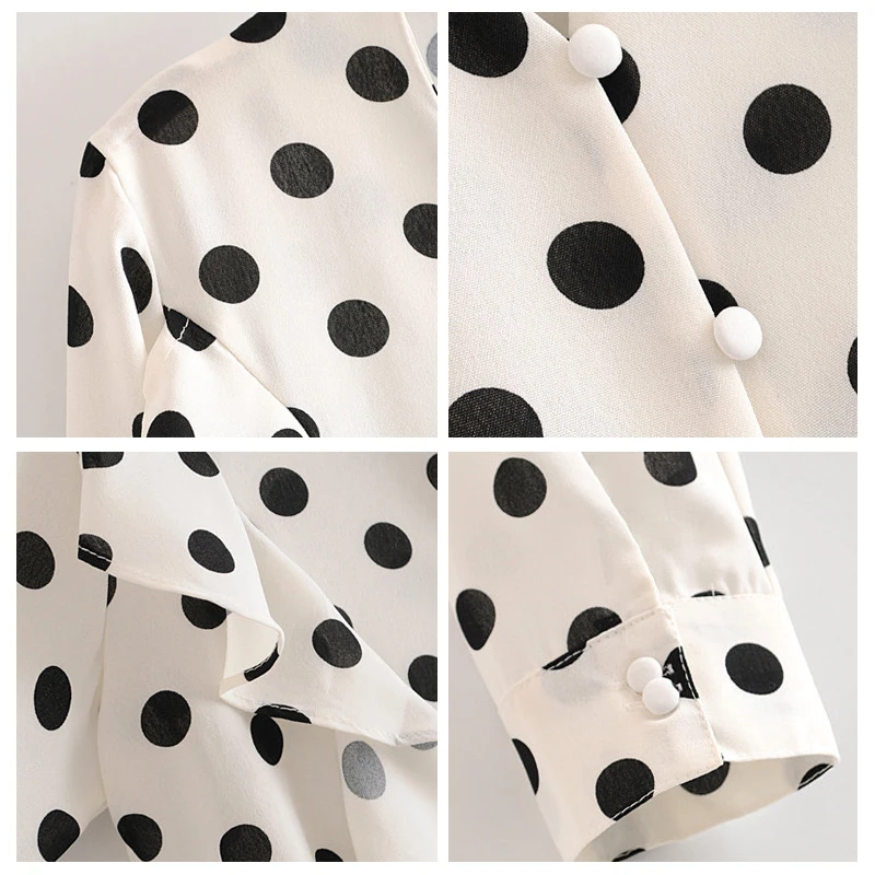 ROHOPO черная Polk Dot с длинными рукавами спереди гофрированный галстук подол белая