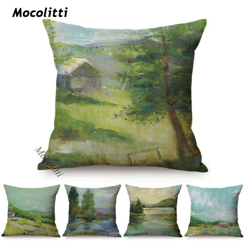 

Oil Painting Landscape Design Cushion Cover Rural Natural Scenery Home Decor Sofa Bed Pillow Case Square Cushions Cover 45x45cm