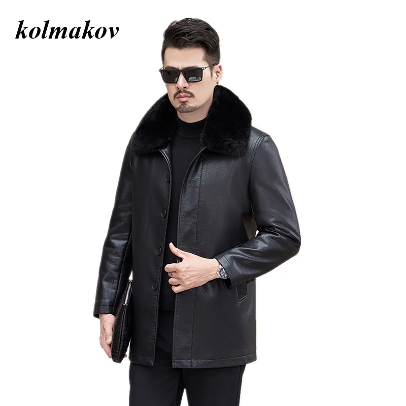 

New Arrival Winter Style Men Boutique Fur Collar Wollen Liner Faux Leather Business Casual Solid Loose Woolen Fur Coat M-7XL