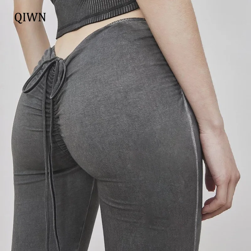 

Front Shirring Tie Up Casual Sweatpants Women Streetwear Back Ruched Low Waist Flare Pants Slim Sexy Ladies Joggers 90s