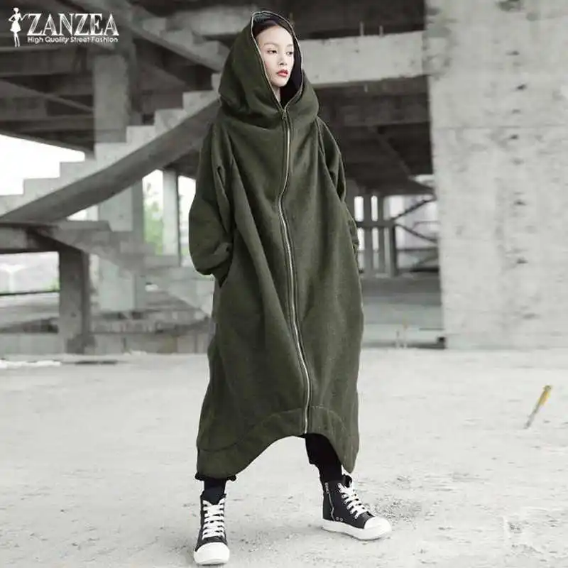 Армейский зеленый Женские пальто с капюшоном куртки ZANZEA размера плюс женские длинные куртки на молнии с длинным рукавом женская зимняя верхняя одежда тонкие ветровки - Цвет: Армейский зеленый