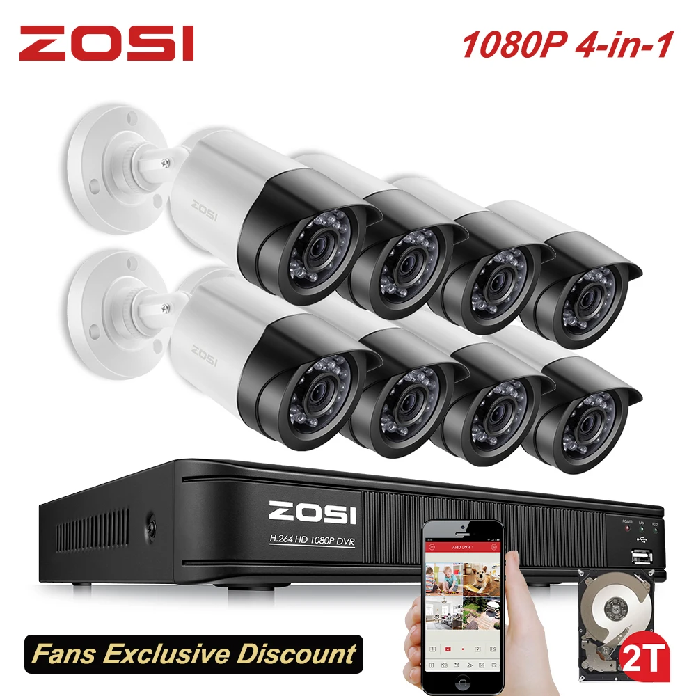ZOSI HD 2MP видео система наблюдения CCTV 8 канальный Full ночного видения 1080 P TVI dvr комплект открытый мобильный пуля Камера жесткий диск HDD