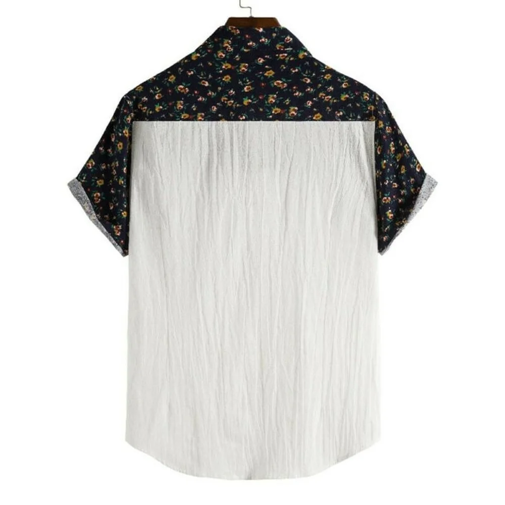 

Mens Patchwork Botton Up Short Sleeve Thin T-Shirt Casual Blouse Tops Summer UK