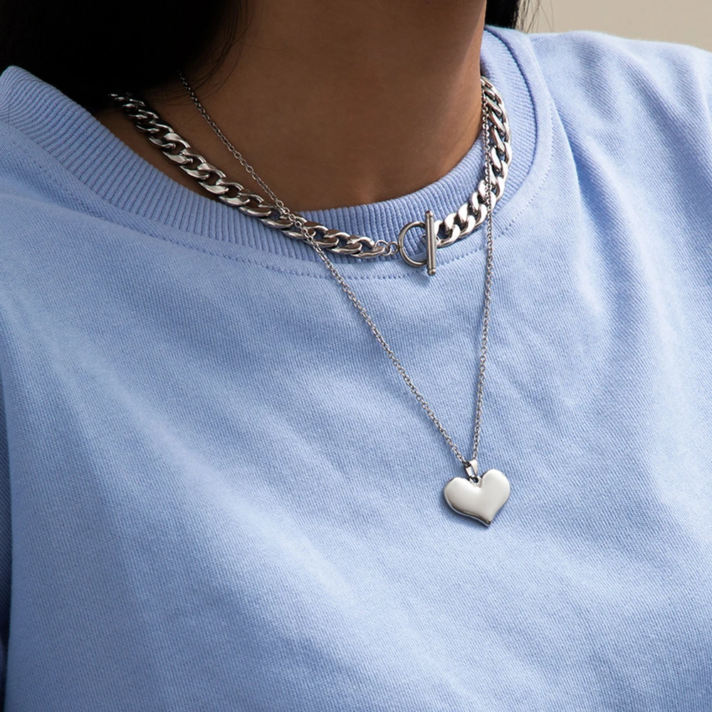 

IngeSight.Z Multilayered Stainless Steel Love Heart Pendant Necklace Toggle Clasp Circle Lasso Choker Necklace for Women Jewelry