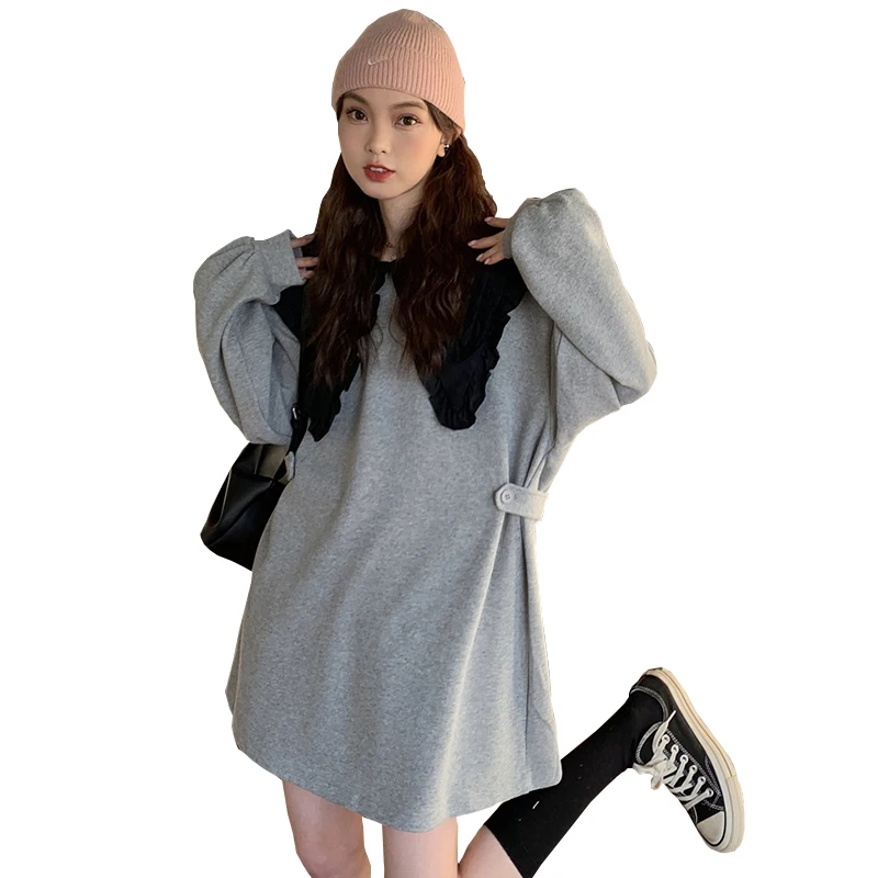 

Doll Collar Sweater Dress Women's Mid-Length Loose-Fitting Foreign-Style Hedging Splicing Dress Spring And Autumn New FC1886