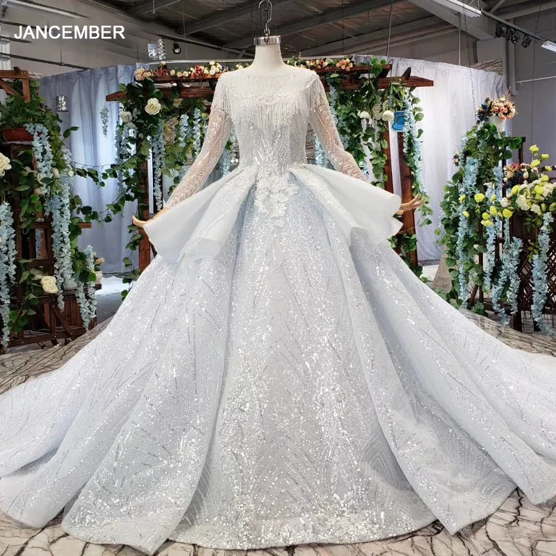 HTL531 роскошное свадебное платье со шлейфом круглым вырезом длинными рукавами