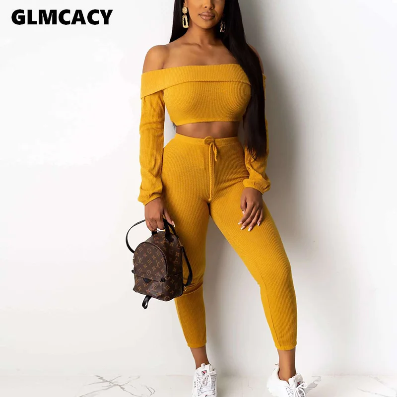 Женский укороченный топ с открытыми плечами + брюки костюмы длинным рукавом и