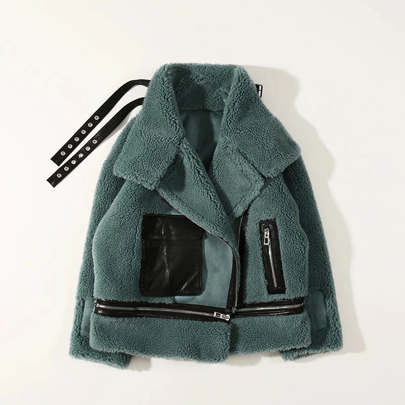 Winter Pellet Lamb Fur Fashion Colorful Korean Motorcycle Short Coat Jacket for Women 192