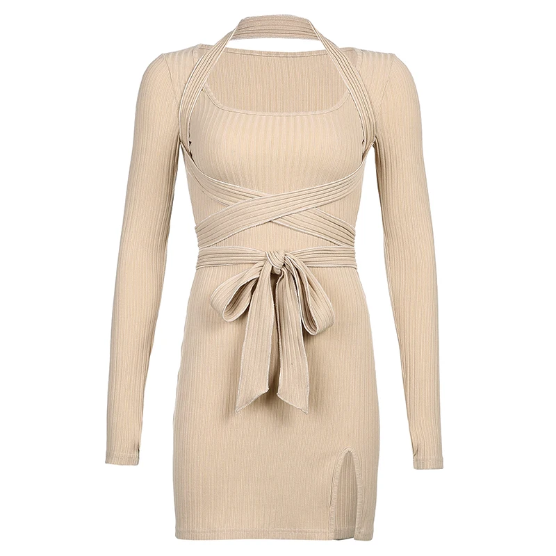 

Rockmore Elegent Bow Cross Bandage Split Sexy Mini Dress Women Long Sleeve Bodycon Square Collar Dresses Party Vestidos Fashion