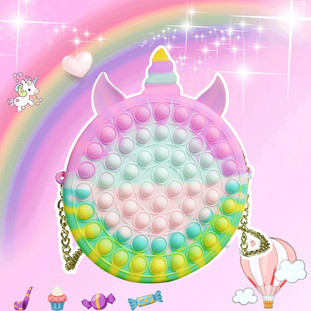 

Многофункциональная Интерактивная силиконовая пузырчатая сумка через плечо с единорогом корзина с фокусом поезд для взрослых и детей деко...