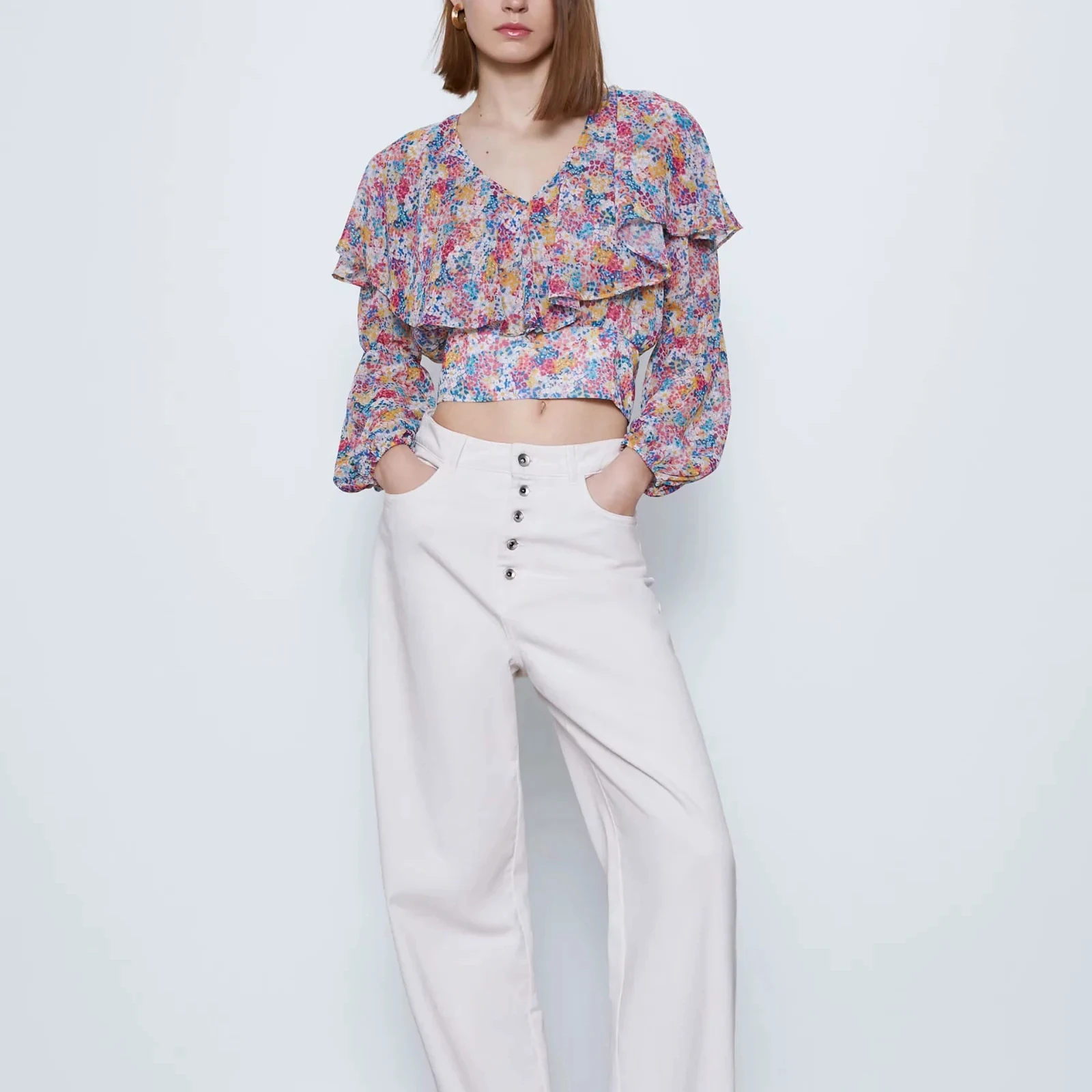 Женская блузка с цветочным принтом оборками|Блузки| |