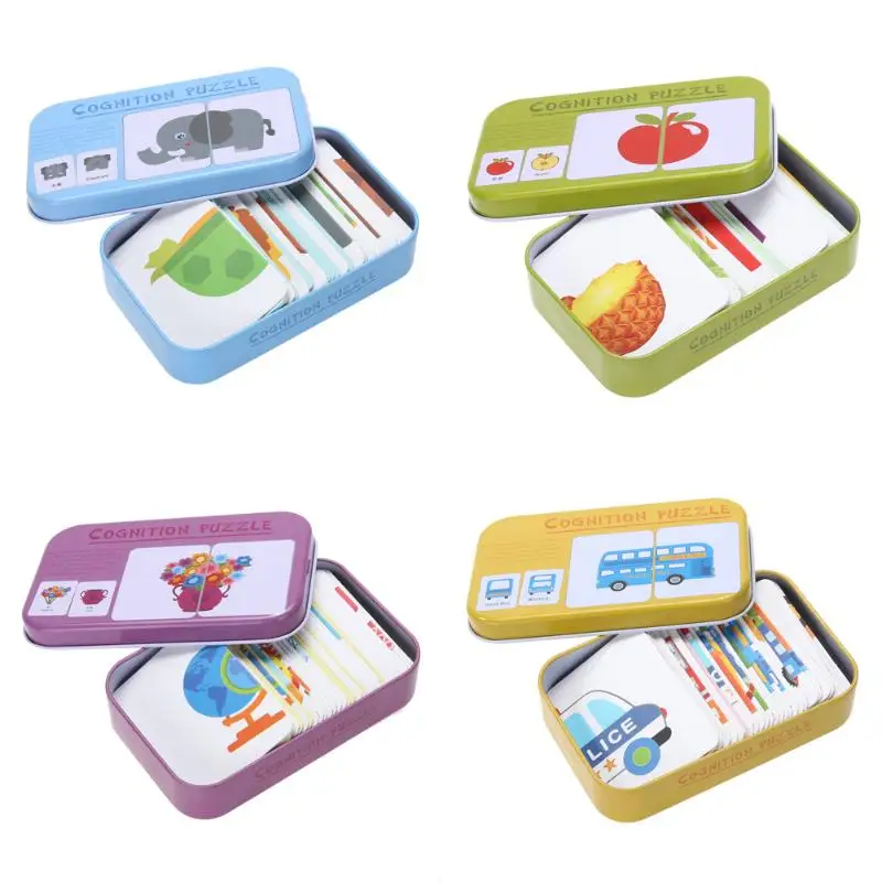 

Baby Cognition Puzzles Toys Toddler Iron Box Cards Matching Game Kids Cognitive Cards Vehicl Fruit Animal Life Sets Pair Gifts
