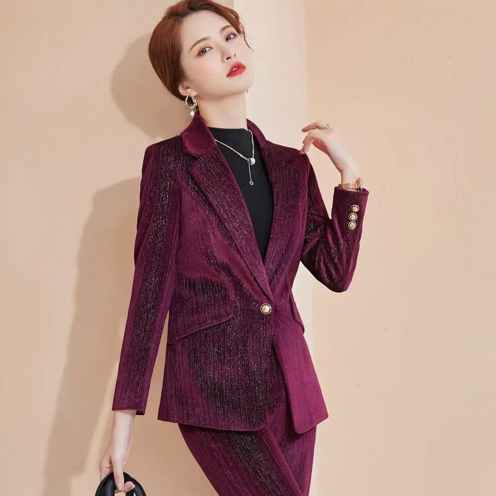 Jacket and Pants Set 2 pieces women's suit coat and trousers women's blue velvet autumn winter office work suit