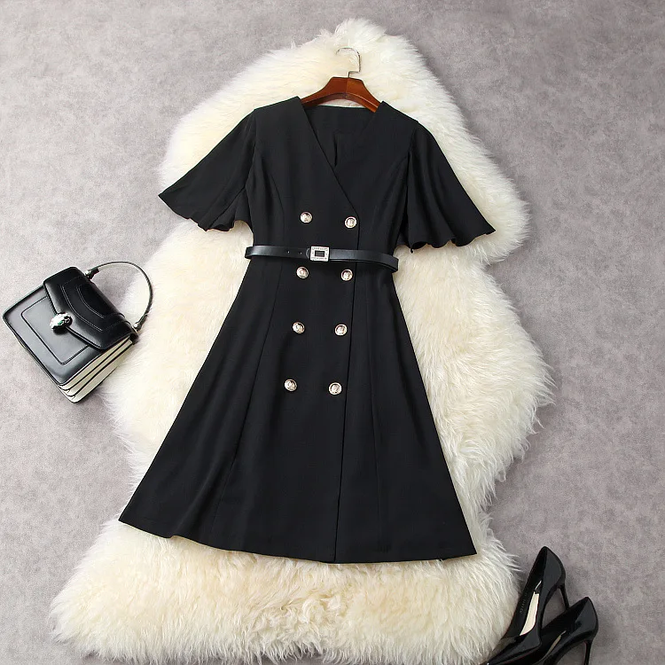 

European and American women's clothing spring 2021 new V-neck with flounce sleeve Fashionable double-breasted belt dress