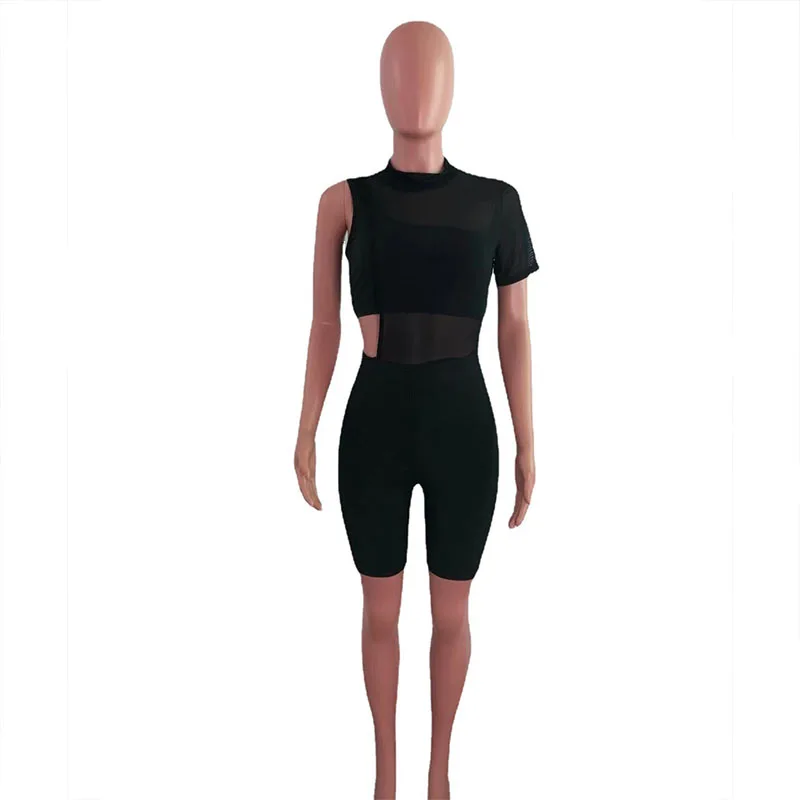 

Knitted Mesh Sheer 2 Piece Summer Outfits One Shoulder Crop Top Sleeveless Playsuit for Women Sexy Club Matching Sets