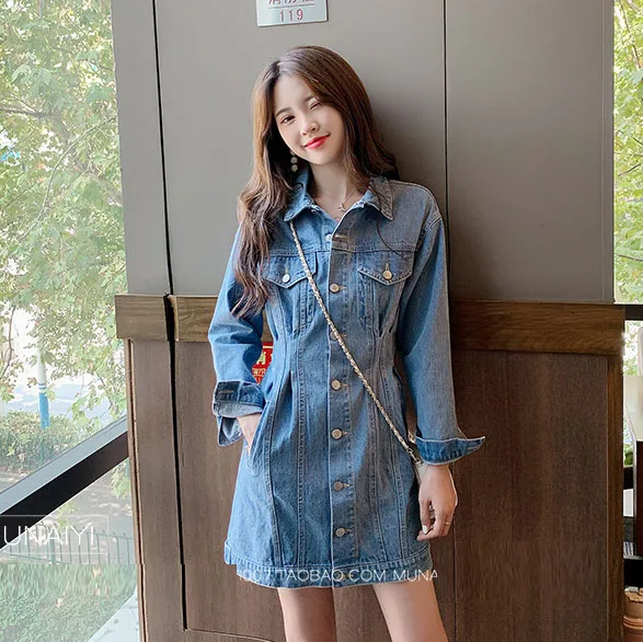 Осенне зимнее женское джинсовое платье Voobuyla с отложным воротником и длинным