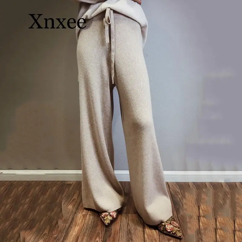cashmere camel pants female Autumn Winter soft waxy comfortable pure knitted wide leg Casual Loose Knitted women | Брюки