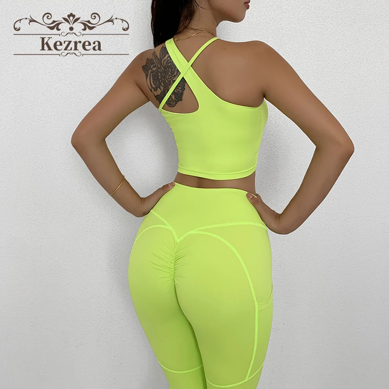 Kezrea 2PCS Fitness yoga suit Sexy Slant shoulder sports bra High Waist Leggings exercise shock proof workout Bra for women |
