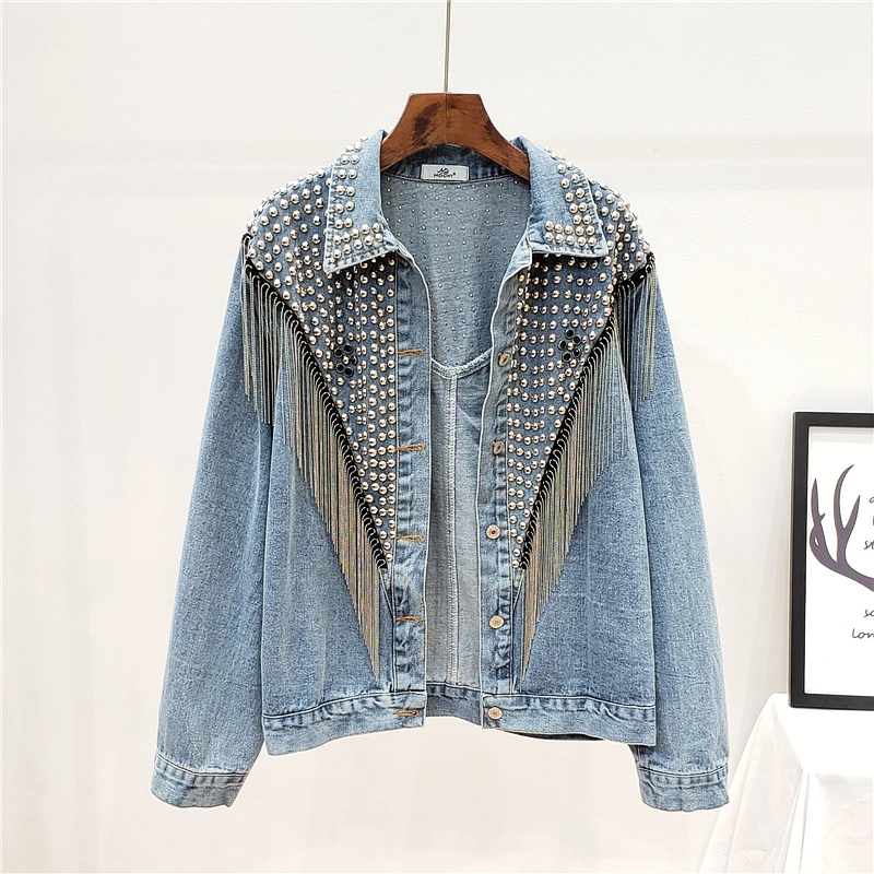 

2021 Autumn Rivet Spring Denim Tassel Jacket Streetwear Women Chain Short Jeans Hip Hop Loose Black Coats Full Sleeve Femal