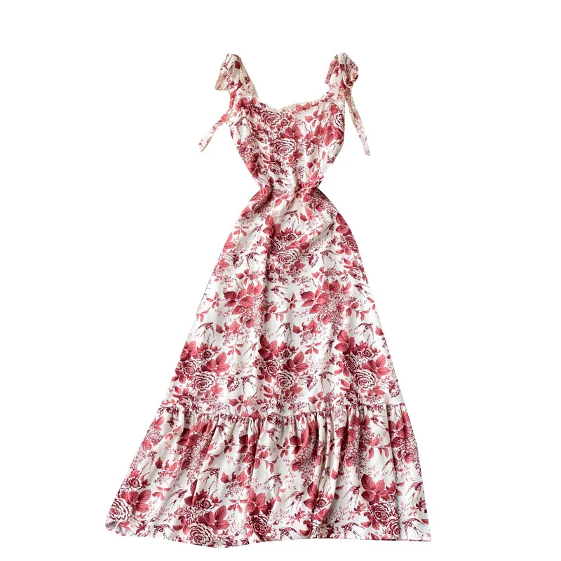 

2021 Summer New Vestidos Female Noble and Elegant Temperament V-neck Women's Sweet Print Suspender Midi Dress