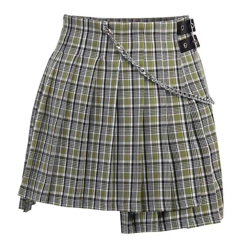 

High Waist Women Grid Skirt College Cargo Mini Dress Lady Casual Pleated Dress Green A-line Skirts Iron Chain Gothic Streetwear