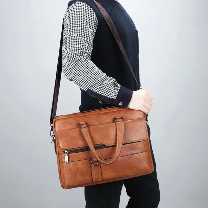 New Retro Men Solid Color Bag Faux Leather Briefcase Large Capacity Tote Shoulder Casual Business Laptop |