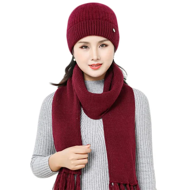wine red set 1 Новая зимняя женская шапка из кроличьего меха, шарф, набор, теплая шерстяная вязанная плюшевая наборы шарф шапка, вязаная шапка, шапка для мамы, подарки, твист, флисовая шаль - Цвет: wine red set 1