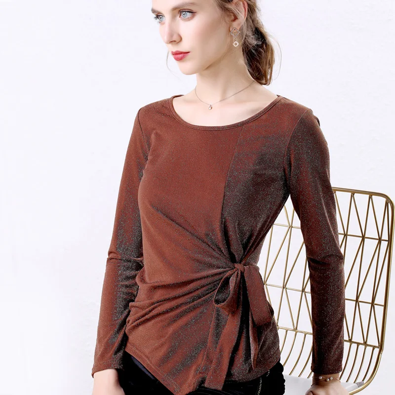 Женская блузка Корейская с длинными рукавами блестящая рубашка люрексом и