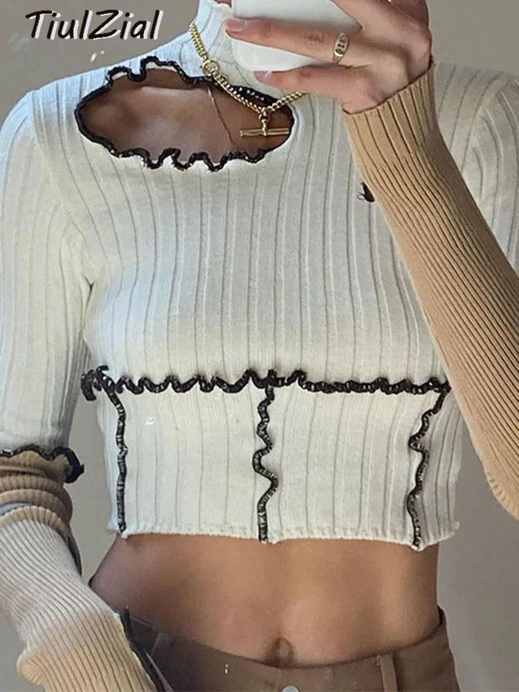 

TiulZial ребристая трикотажная водолазка с длинным рукавом короткий топ с вырезами белая сексуальная клубная Футболка женская футболка в стил...