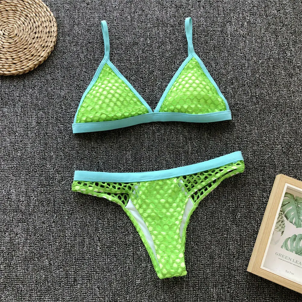 Women Summer Fish Net Swimsuit Hollow Out Sexy Padded Push-up Bikini Set Female Fashion Mesh Swimwear Beachwear |
