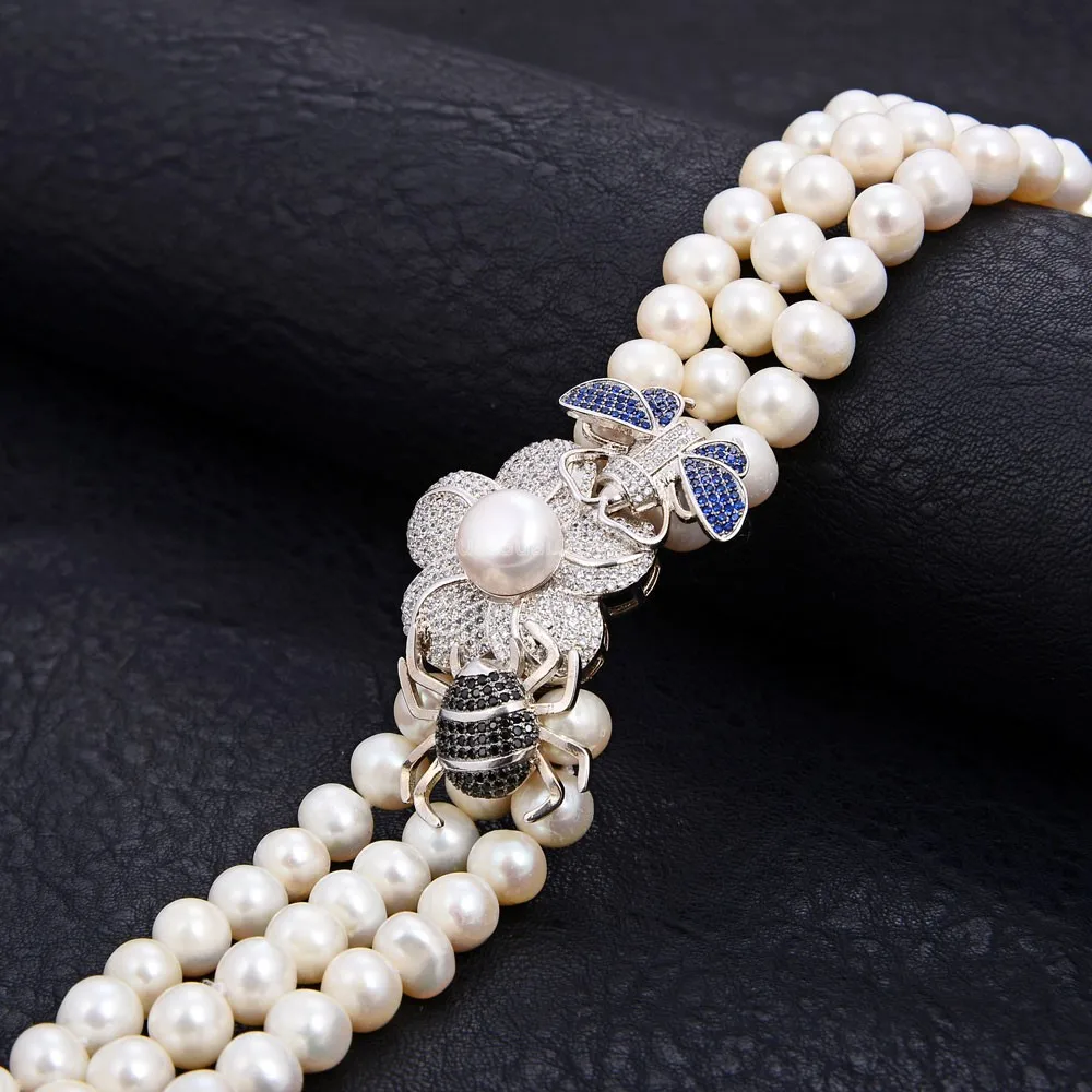 

GuaiGuai Jewelry 3Strands 8-9MM White Pearl CZ Connector Necklace
