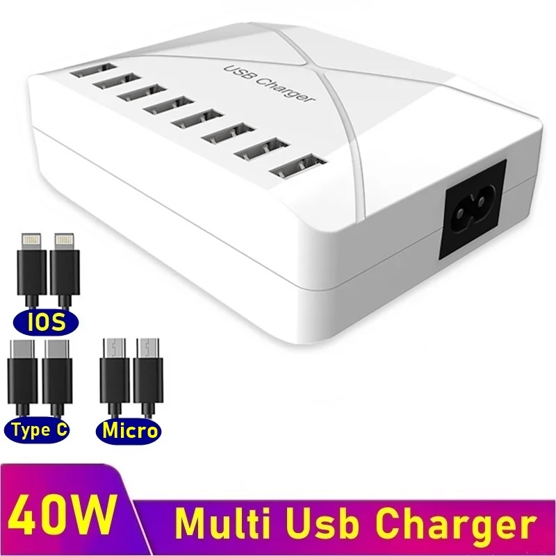 

40W Universal Multi USB Charger Charging Station for iPhone Samsung Xiaomi Tablet 8 Port USB Fast Chargers Phone Desktop Charger