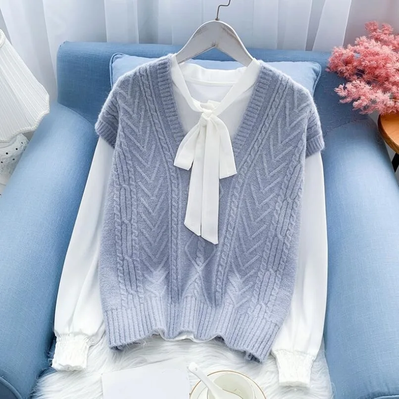 

vetement femme 2021zaraing Women Knitted Sweater Sleeveless Women's sweater Loose Teenager Waistcoat Ladies V-Neck Pullover Tops