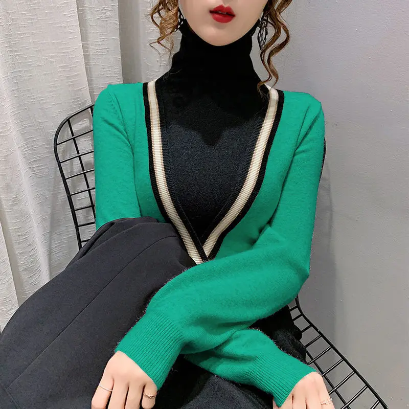 

Pile-up turtleneck sweater woman patchwork color 2021 new autumn and winter vacation two pieces of western-style Patchwork knit