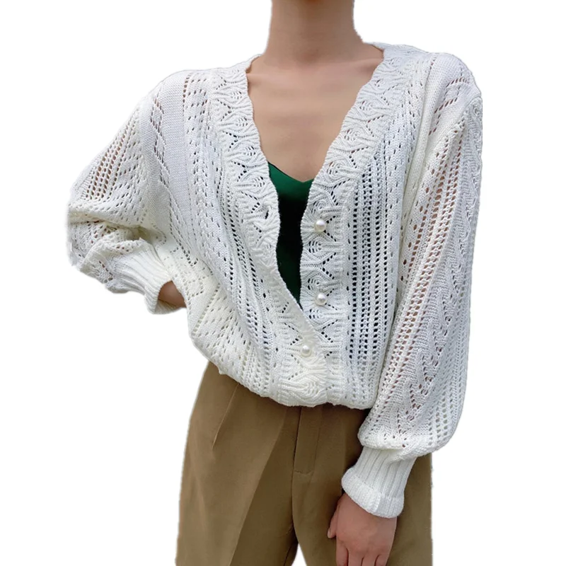

Knitted Cardigan For Women's Clothing Loose Solid Long Sleeve Sweater Ladies Tops Hollow Out Fashion White Cardigan Mujer Q4270