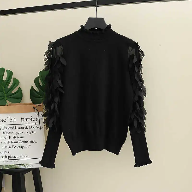 

Sweater Collar Jumper Ruffled Knitted Flowers Loose 2020 Women Long Sleeves Top Knitted sweater