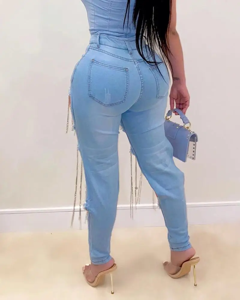 

Women Fashion Casual Jeans Long Pants Women Trousers High Waist Cutout Studded Tassel Design Denim Pants