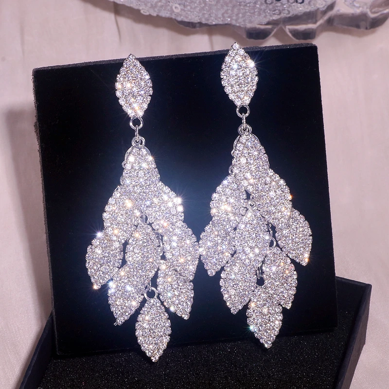 Новый Модный Элегантный Стразы лист большие длинные свисающие серьги для женщин