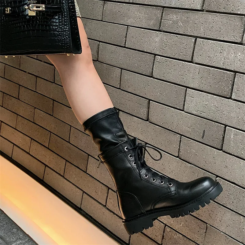 

Meotina Motorcycle Boots Women Shoes Real Leather Platform Flats Mid Calf Boots Zip Cross Tied Punk Ladies Boots Autumn Black
