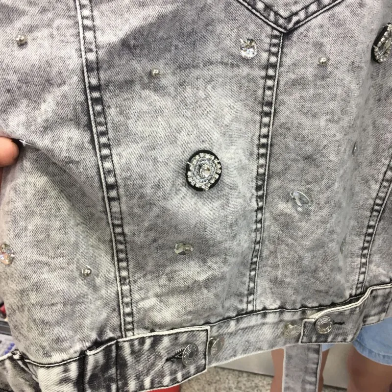 

Euro Spring Autumn BF Style Womens Denim Short Coats Punk Vintage Rivet Diamonds Notched Collar Female Loose Jackets Streetwear
