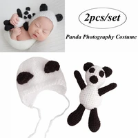 newborn photography props accessories crochet knitted clothes baby boy panda hattoy dolls 2 piece set baby photo props