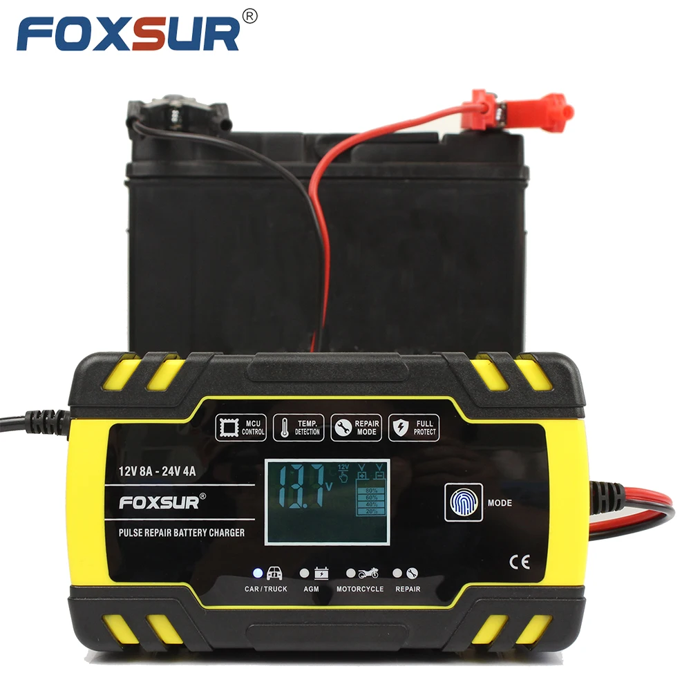 FOXSUR Intelligent Car Battery Charger 12V 24V Fully Automatic 8A Automotive AGM Wet Dry Lead Acid Power Puls Repair Desulfator