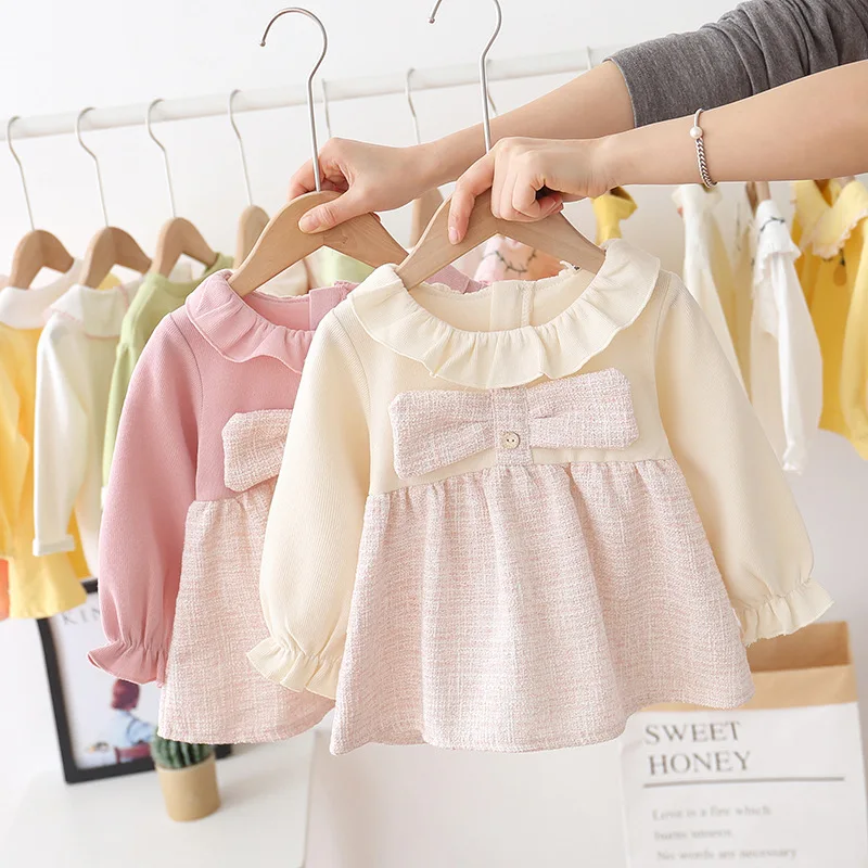 Весеннее плиссированное платье пачка с длинным рукавом и бантом для маленьких