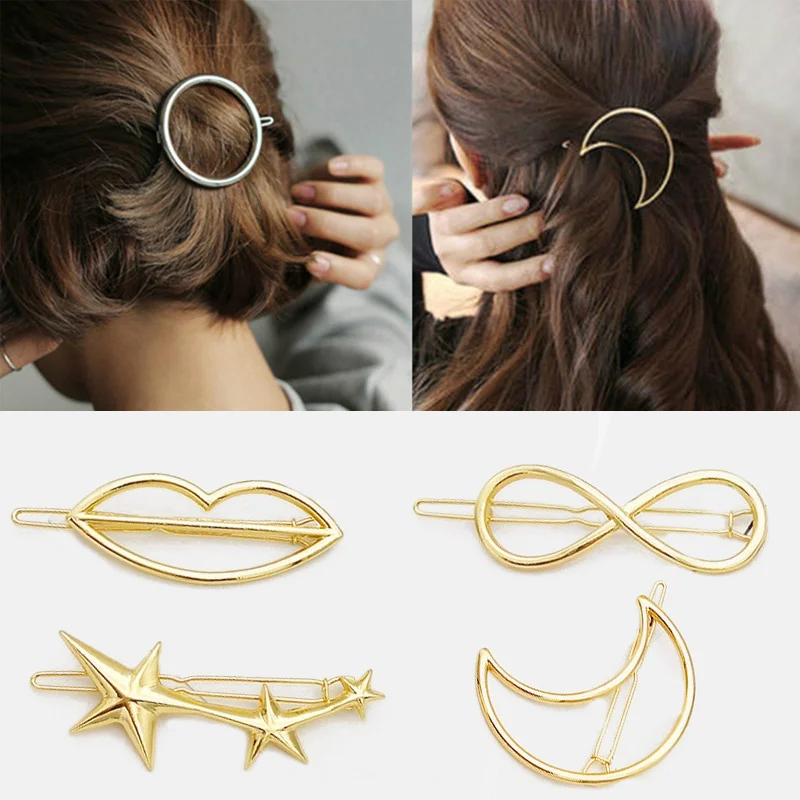

2020 Fashion Women Girls Gold/Silver Plated Metal Animal Circle Moon Hair Clips Metal Circle Hairpins Holder Hair Accessories