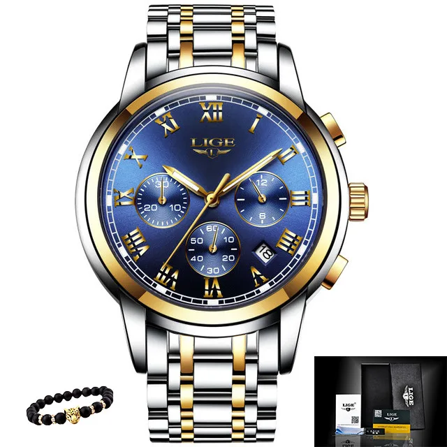 S-gold blue LIGE мужские часы, военные Роскошные брендовые часы, мужские кварцевые часы из нержавеющей стали, модные часы с хронографом, мужские часы - Цвет: S-gold blue