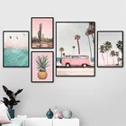 Картина с изображением розового автобуса, кактуса, ананаса, синего моря, пляжа, Настенная картина, алмазная вышивка, украшение для гостиной