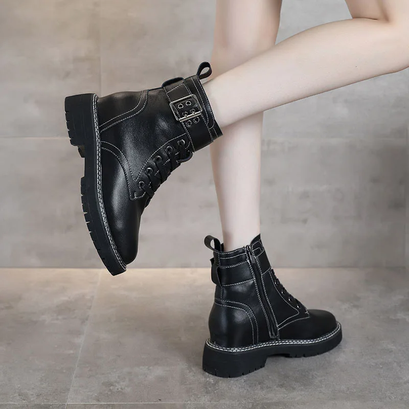 

Womens Autumn Boots Ankle Womens Shoes Leather Square Heel Women Boots Zip Solid Boots Women Platform Boots